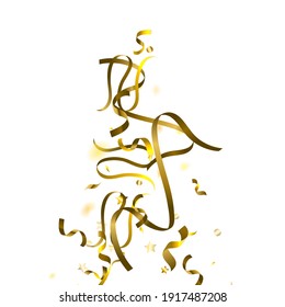 Holiday Serpentine. Gold Foil Streamers Ribbons. Confetti Star Falling on White Background. Party, Birthday Vector Template. Sparkle Serpentine. Celebration Elements. Bright Festive Tinsel Gold Color.