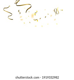 Holiday Serpentine. Gold Foil Streamers Ribbons. Confetti Star Falling on White Background. Party, Birthday Vector Template. Sparkle Serpentine. Celebration Elements. Bright Festive Tinsel Gold Color.