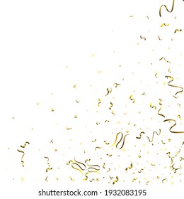 Holiday Serpentine. Gold Foil Streamers Ribbons. Confetti Star Falling On White Background. Party, Birthday Vector Template. Sparkle Serpentine. Celebration Elements. Bright Festive Tinsel Gold Color.