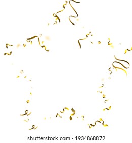 Holiday Serpentine. Gold Foil Streamers Ribbons. Confetti Star Falling on White Background. Party, Birthday Vector Template. Sparkle Serpentine. Celebration Elements. Bright Festive Tinsel Gold Color.