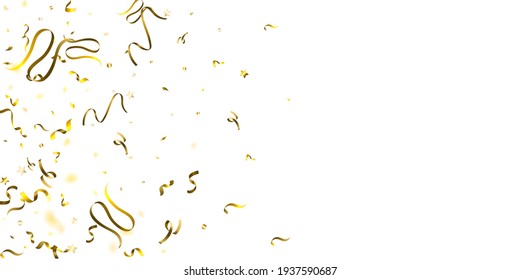 Holiday Serpentine. Gold Foil Streamers Ribbons. Confetti Star Falling on White Background. Party, Birthday Vector Template. Sparkle Serpentine. Celebration Elements. Bright Festive Tinsel Gold Color.