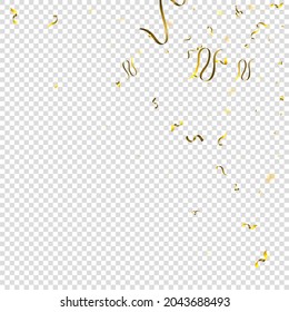 Holiday Serpentine. Gold Foil Streamers Ribbons. Confetti Star Falling on Transparent Background. Party, Birthday Vector Template. Sparkle Serpentine. Celebration Elements. Bright Gold Festive Tinsel.