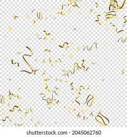 Holiday Serpentine. Gold Foil Streamers Ribbons. Confetti Star Falling on Transparent Background. Party, Birthday Vector Template. Sparkle Serpentine. Celebration Elements. Bright Gold Festive Tinsel.