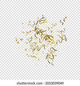 Holiday Serpentine. Gold Foil Streamers Ribbons. Confetti Star Falling on Transparent Background. Party, Birthday Vector Template. Sparkle Serpentine. Celebration Elements. Bright Gold Festive Tinsel.