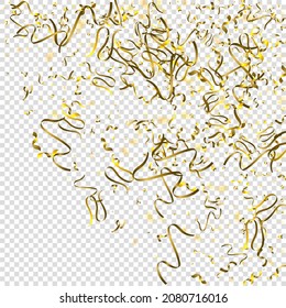 Holiday Serpentine. Gold Foil Streamers Ribbons. Confetti Star Falling on Transparent Background. Party, Birthday Vector Template. Sparkle Serpentine. Celebration Elements. Bright Gold Festive Tinsel.