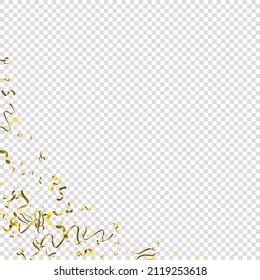 Holiday Serpentine. Gold Foil Streamers Ribbons. Confetti Star Falling on Transparent Background. Party, Birthday Vector Template. Sparkle Serpentine. Celebration Elements. Bright Gold Festive Tinsel.