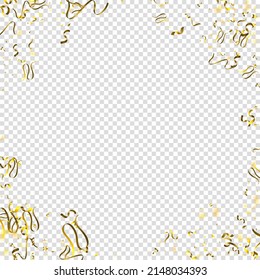 Holiday Serpentine. Gold Foil Streamers Ribbons. Confetti Star Falling on Transparent Background. Party, Birthday Vector Template. Sparkle Serpentine. Celebration Elements. Bright Gold Festive Tinsel.