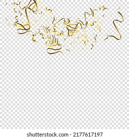 Holiday Serpentine. Gold Foil Streamers Ribbons. Confetti Star Falling on Transparent Background. Party, Birthday Vector Template. Sparkle Serpentine. Celebration Elements. Bright Gold Festive Tinsel.