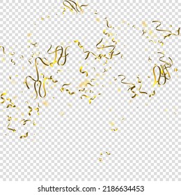 Holiday Serpentine. Gold Foil Streamers Ribbons. Confetti Star Falling on Transparent Background. Party, Birthday Vector Template. Sparkle Serpentine. Celebration Elements. Bright Gold Festive Tinsel.