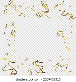 Holiday Serpentine. Gold Foil Streamers Ribbons. Confetti Star Falling on Transparent Background. Party, Birthday Vector Template. Sparkle Serpentine. Celebration Elements. Bright Gold Festive Tinsel.