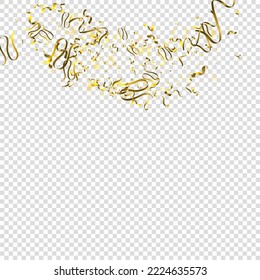 Holiday Serpentine. Gold Foil Streamers Ribbons. Confetti Star Falling on Transparent Background. Party, Birthday Vector Template. Sparkle Serpentine. Celebration Elements. Bright Gold Festive Tinsel.