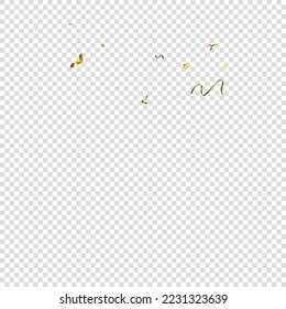 Holiday Serpentine. Gold Foil Streamers Ribbons. Confetti Star Falling on Transparent Background. Party, Birthday Vector Template. Sparkle Serpentine. Celebration Elements. Bright Gold Festive Tinsel.