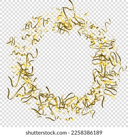 Holiday Serpentine. Gold Foil Streamers Ribbons. Confetti Star Falling on Transparent Background. Party, Birthday Vector Template. Sparkle Serpentine. Celebration Elements. Bright Gold Festive Tinsel.