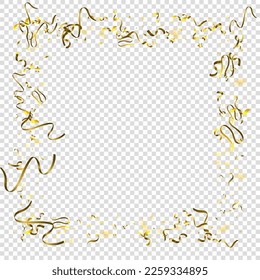 Holiday Serpentine. Gold Foil Streamers Ribbons. Confetti Star Falling on Transparent Background. Party, Birthday Vector Template. Sparkle Serpentine. Celebration Elements. Bright Gold Festive Tinsel.