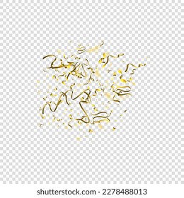 Holiday Serpentine. Gold Foil Streamers Ribbons. Confetti Star Falling on Transparent Background. Party, Birthday Vector Template. Sparkle Serpentine. Celebration Elements. Bright Gold Festive Tinsel.