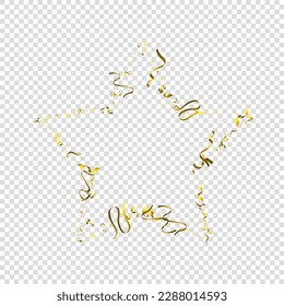 Holiday Serpentine. Gold Foil Streamers Ribbons. Confetti Star Falling on Transparent Background. Party, Birthday Vector Template. Sparkle Serpentine. Celebration Elements. Bright Gold Festive Tinsel.