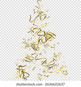 Holiday Serpentine. Gold Foil Streamers Ribbons. Confetti Star Falling on Transparent Background. Party, Birthday Vector Template. Sparkle Serpentine. Celebration Elements. Bright Gold Festive Tinsel.