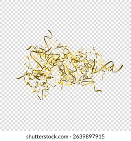 Holiday Serpentine. Gold Foil Streamers Ribbons. Confetti Star Falling on Transparent Background. Party, Birthday Vector Template. Sparkle Serpentine. Celebration Elements. Bright Gold Festive Tinsel.