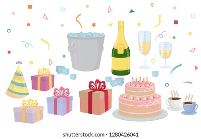 Holiday set for birthdays, weddings, anniversaries and other celebrations with objects: gift, cake, champagne, glasses, ice bucket, hat, coffee, confetti. Vector design elements isolated on white.