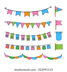 Holiday set of bright garlands and flags Vector Illustration collection