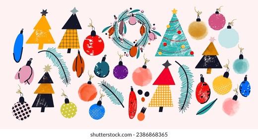 Holiday set with Christmas elements for design including wreath, decorated trees and toys. Vector collection