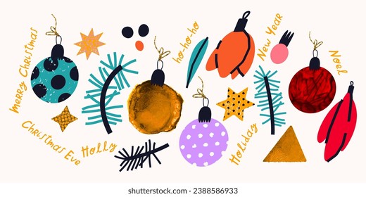 Holiday set with Christmas elements for design including spruce tree branches and toys. Vector collection