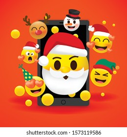 Holiday set of Christmas face icons with different emotions. Vector illustration.