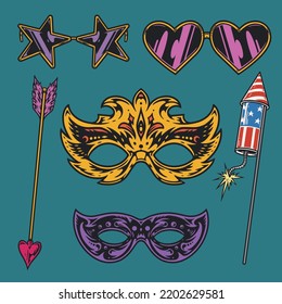Holiday set colorful labels vintage with carnival masks and party goggles and firecracker in US flag colors vector illustration