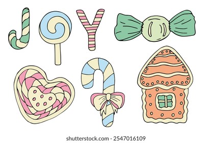 Holiday set of colorful sweets lollipops, candies, gingerbread house, joyful inscription. Graphics, handmade. For cards, gift pages, children's books, holiday design, birthday.