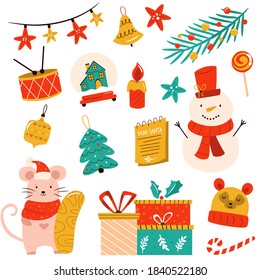 Holiday set with cute characters and decorative Christmas elements. Festive vector illustrations.