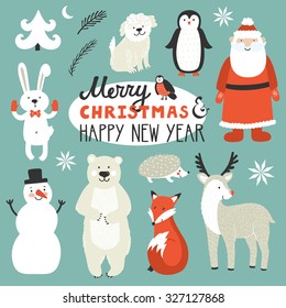 Holiday set of cute Christmas characters: Santa Claus, fox, deer, penguin, rabbit, polar bear, urchin, dog, bullfinch. Christmas card with text Merry Christmas and happy New Year. Winter background