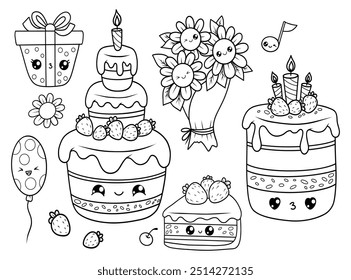 Holiday set. Cute kawaii cartoon character. Birthday festive cake with candles and strawberries, piece sweet dessert, bouquet flowers, balloon and gif. Isolated vector outline drawings, coloring book