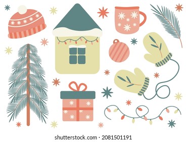 Holiday set with decorative christmas and winter elements: christmas tree, lights, hat, mug, mittens, present, house.