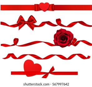 Holiday set of decorative red heart, rose and bow with horizontal ribbon isolated on white. Valentine's Day decoration