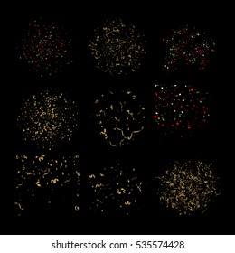 Holiday set of Falling tiny colorful and golden bright confetti pieces on white background. Vector Illustration.