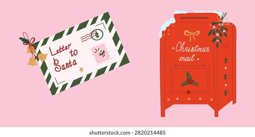 Holiday set featuring a retro red Christmas mailbox covered in snow and an envelope addressed 