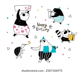 Holiday set of five characters. A panda, a raccoon, a sloth, a capybara and a turtle are going to the party. Vector hand drawn illustration.