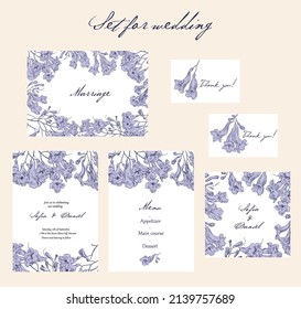 Holiday set of flowering Jacaranda tree. Blooming branches.Hand drawn illustration. Background for design wedding, invite, menu, restaurant, greeting card