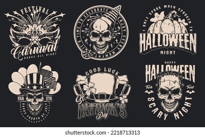 Holiday set flyers monochrome vintage scary head birthday man and president USA inviting independence day or Halloween decorations vector illustration