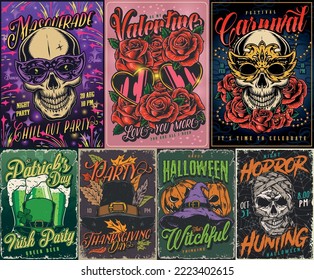 Folletos de los partidos de vacaciones pintados de color San Patricio saludo de día o cráneo de Halloween y carnaval mascarada invitación vector ilustración