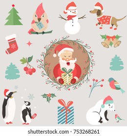 Holiday set with funny characters and symbols