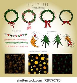 Holiday set hand drawn in vector.  Wreathes, brushes, design elements and seamless patterns for creating your own holiday concept.