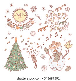 Holiday Set. Happy New Year. Happy winter holidays. Merry Christmas. Hand Drawn Doodles Snowman, Christmas tree, New Year decorations.