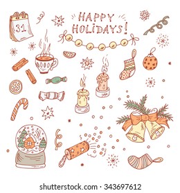 Holiday Set. Happy New Year. Happy winter holidays. Merry Christmas. Hand Drawn Doodles New Year decorations.