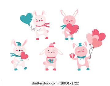 Holiday set for Happy valentine's Day. Collection of cute pink bunnies with hearts and gifts. Cartoon character animal in love. Romantic rabbit with valentine card. Vector flat illustration