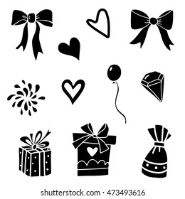Holiday set. Heart, bow, firework, balloon, gem, gift. Cartoon black hand drawn isolated on white background

