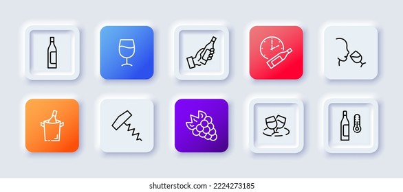 Holiday set icon. Celebration, alcohol, cheese, grapes, chimes, glass, refrigerator, degree, champagne, wine. Relaxation concept. Neomorphism style. Vector line icon for Business and Advertising