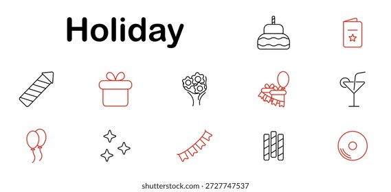 Icono de conjunto de Festiva. Regalo, torta, cóctel, bengala, estrellas, guirnalda, globos, ramo, invitación, decoración, palillo de caramelo, registro, diversión, alegría, celebración, acontecimiento, saludo, música.