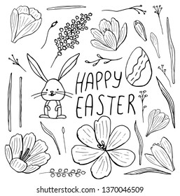 Holiday set of isolated hand-drawn vector illustrations of Crocuses, mimosa, bunny and Easter lettering. Black and white spring flowers, rabbit, egg and green leaves 