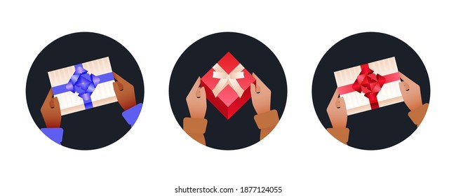 Holiday Set. Modern Flat Vector Concept Illustrations. Badges with Hands Holding Gift Boxes. Social Media Ads.